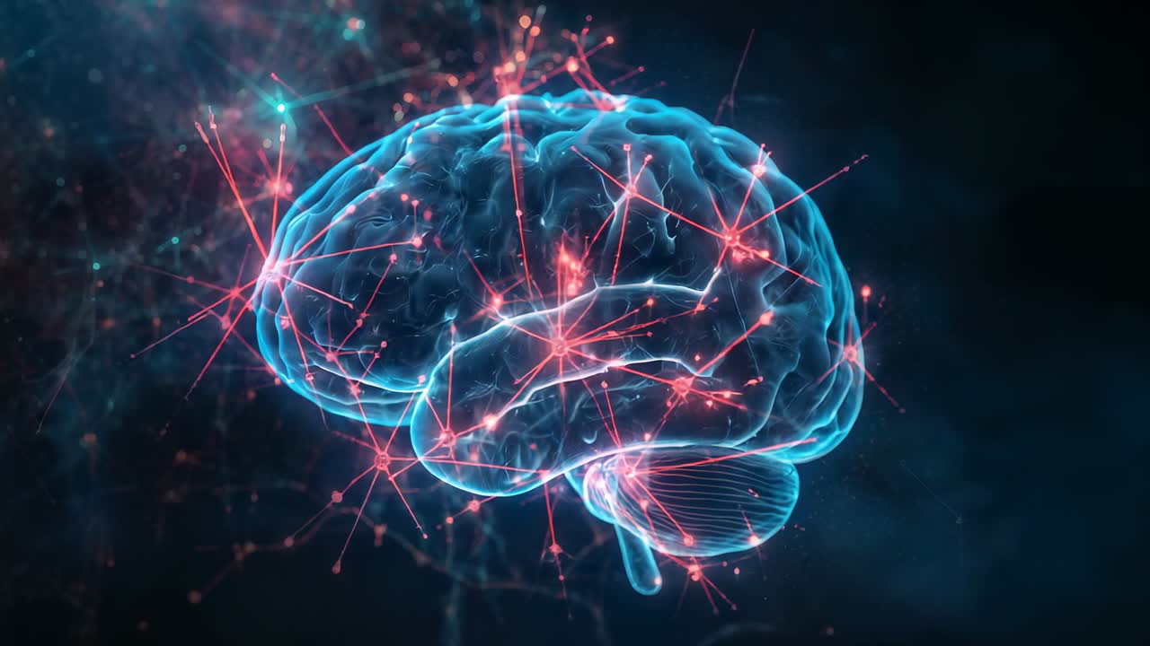 Animating clear 3D brain model rotating in digital space, activating neural nodes and filaments