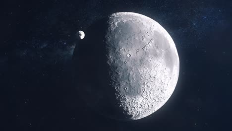 nave espacial volando más allá de la cámara y acercándose a la luna