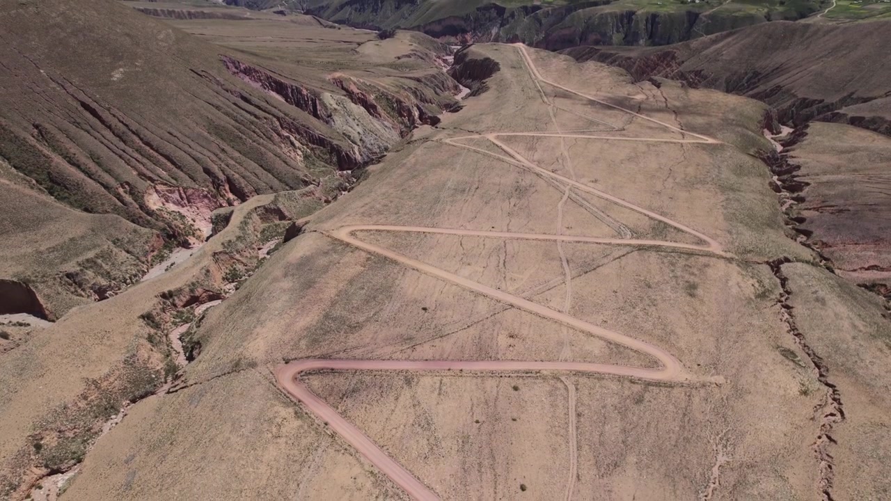 Vista aerea 4K con drone della tortuosa strada di montagna per Iruya, Jujuy, Argentina. Percorso panoramico a zigzag che attraversa le Ande con paesaggi mozzafiato e valli remote