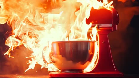 a red kitchenaid mixer with flames coming out of it