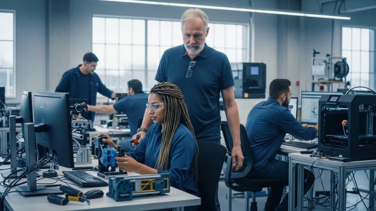 A mentor-guided technology workshop where students actively engage in hands-on projects, enhancing skills in an innovative learning environment filled with modern equipment