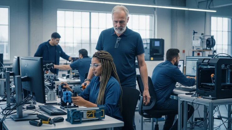 A mentor-guided technology workshop where students actively engage in hands-on projects, enhancing skills in an innovative learning environment filled with modern equipment