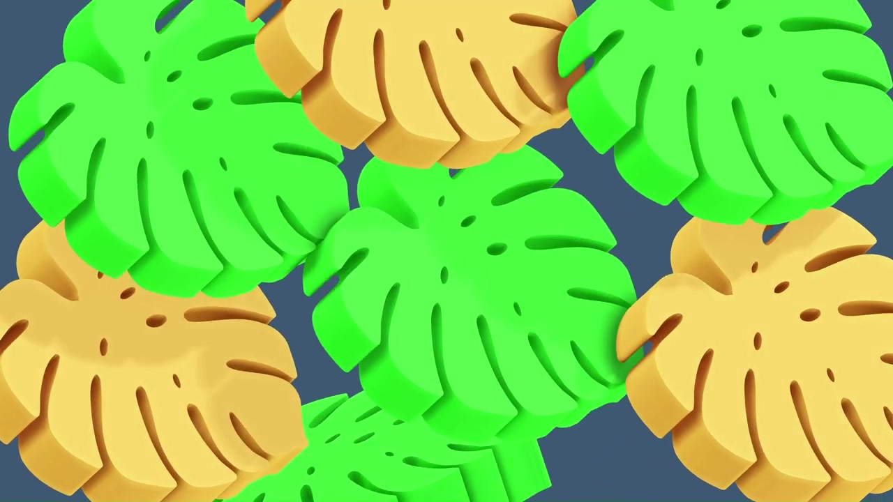 3D animation featuring monstera like leaves with spinning movement on a clean dark blue background.