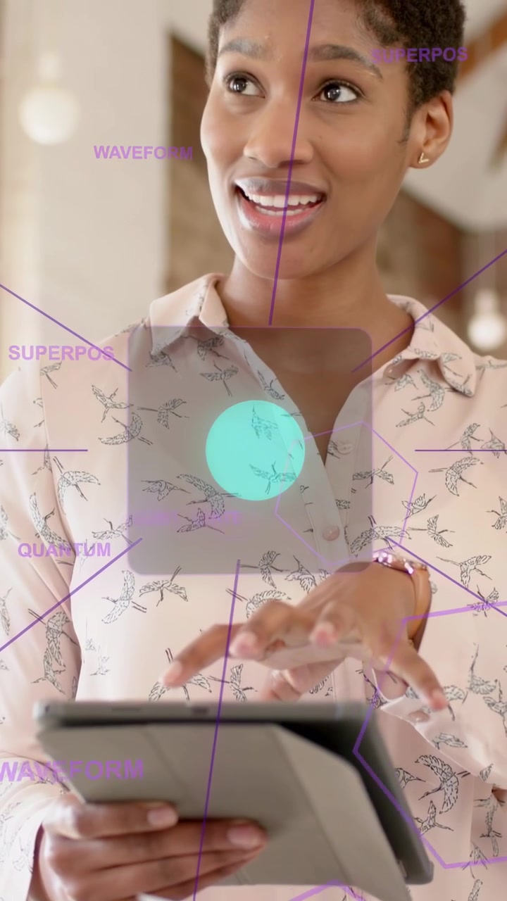 Vertical video: Woman tapping tablet, starting AR overlay while team with phone, chart for business