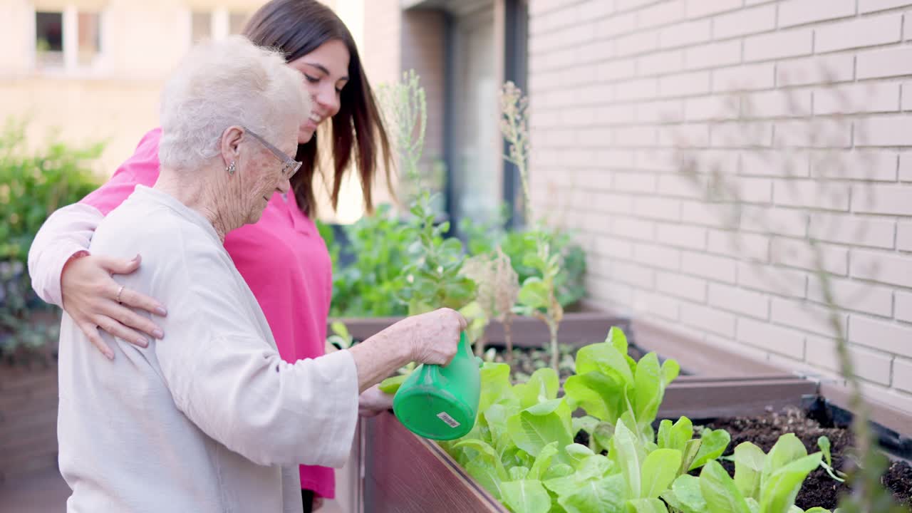 Elderly woman gardening with vegetables on a balcony