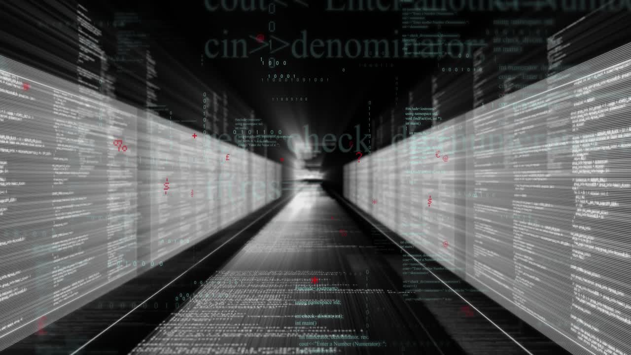 Camera moving forward causing code walls blur, red bits drifting, tunnel glow visualizing data flow