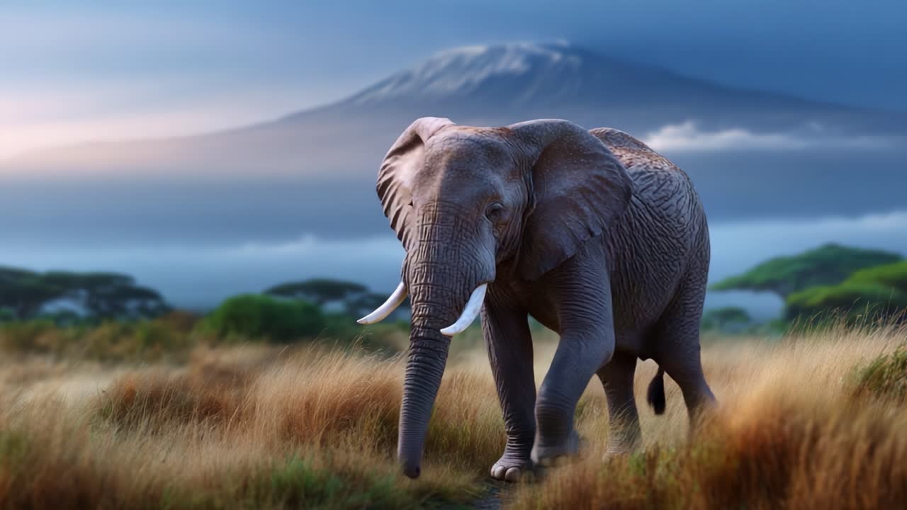 Majestætisk elefant, der vandrer gennem gyldne græsarealer med et majestætisk bjerg i baggrunden under en dramatisk himmel i et afrikansk landskab.