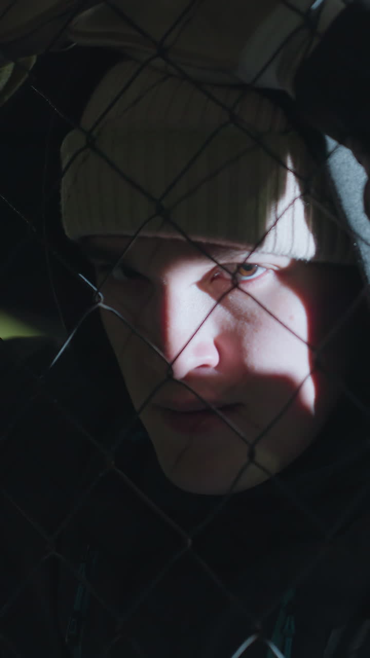 hombre descansando en una valla en forma de malla durante la noche, la luz se refleja en su cara mostrando agotamiento y enfoque, usando guantes y chaqueta con capucha, fondo urbano iluminado por farolas