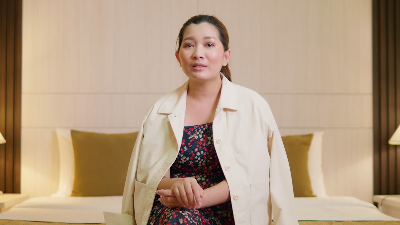 젊은 성인 여성이 평상복을 입고 방에서 말하는 비디오 온라인 커뮤니케이션을 설명하고 인터뷰합니다.