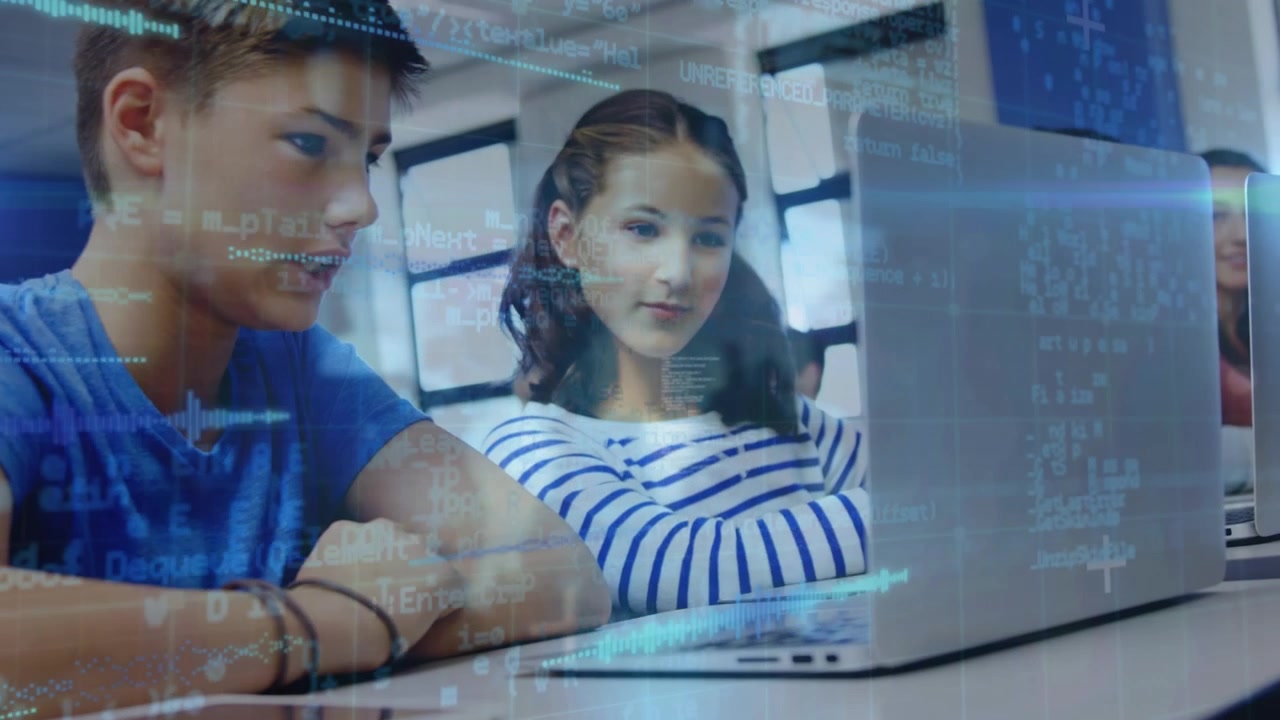 Animation of lights and data over diverse teenage pupils with laptop