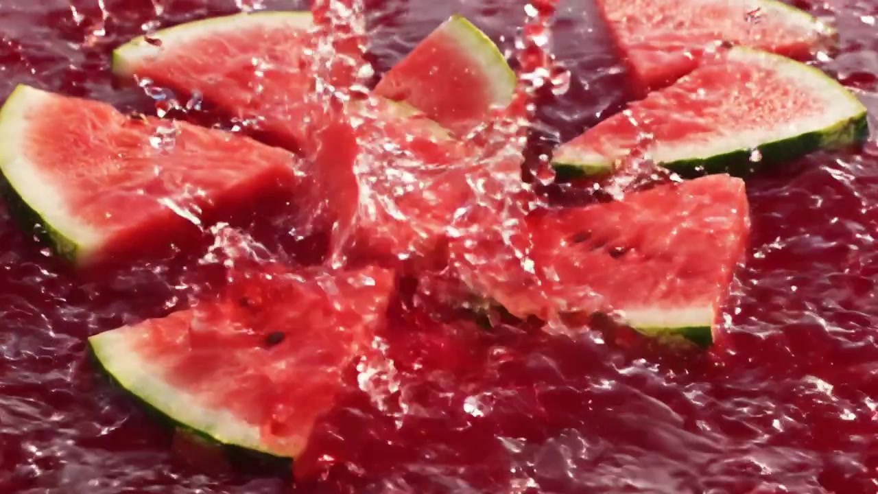 Fette di anguria vivaci che galleggiano in una pozza di succo rinfrescante, catturando l'essenza dell'estate con ogni morso succoso, perfette per le giornate calde e le celebrazioni.