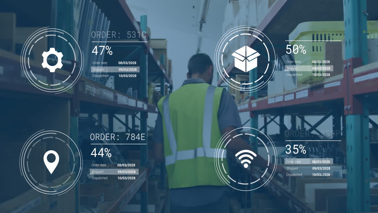 Warehouse worker in high-visibility vest with data processing animation overlay
