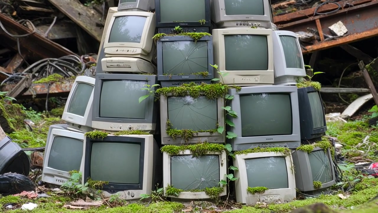 Câmera em movimento aproximando-se de uma pirâmide de CRT em um ferro-velho, documentando musgo, rachaduras e videiras retomando a tecnologia.