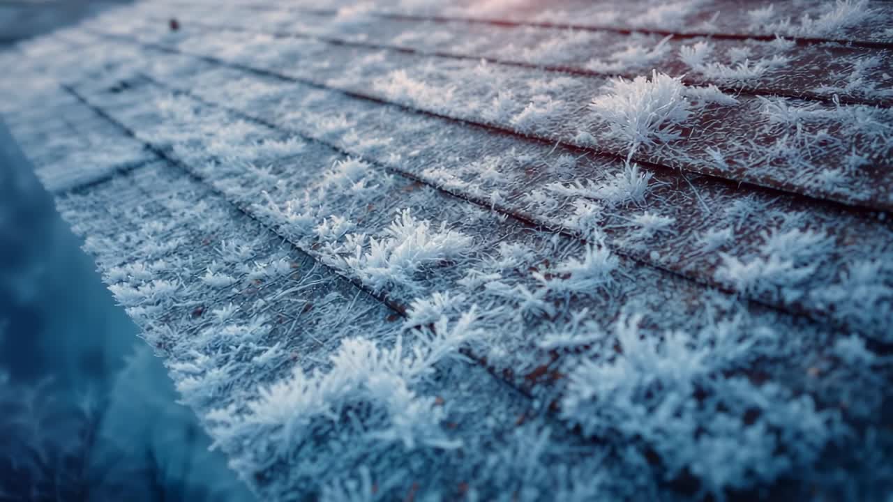 After close-up camera panning across frosted wood surface in dawn light revealing fine ice crystals