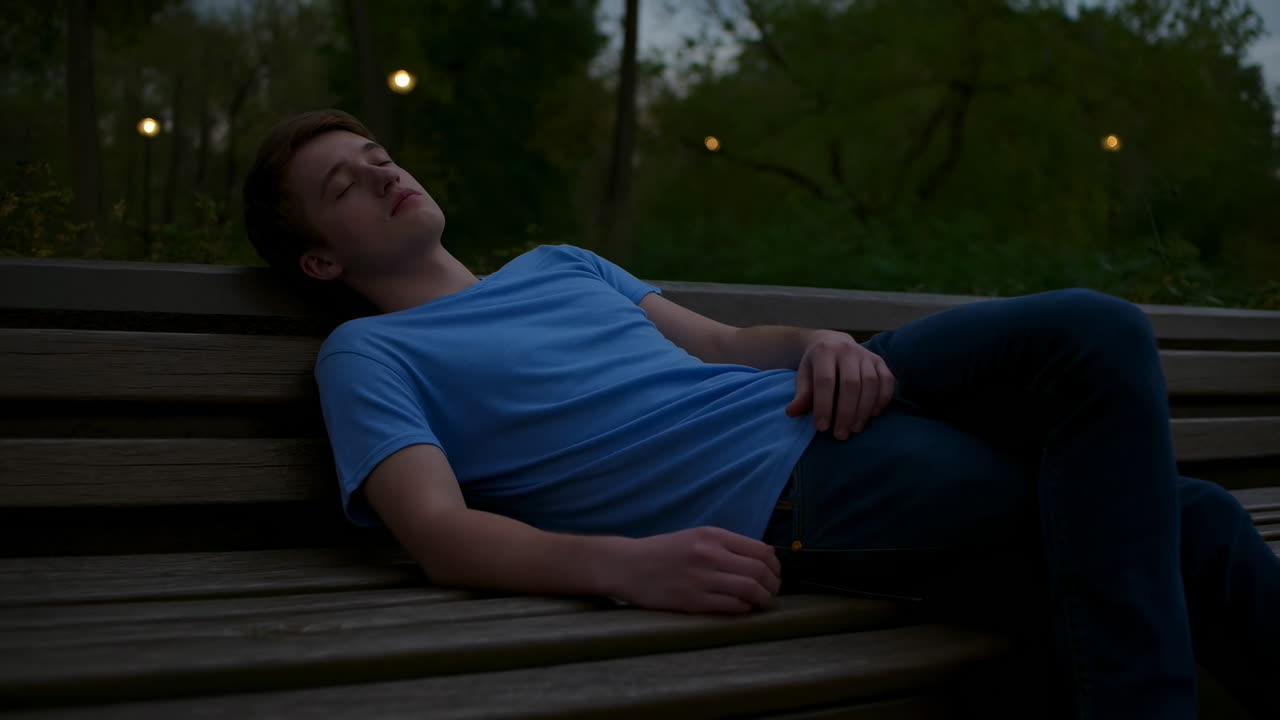 Young White Man Sleeping On Bench During Blue Hour In Urban Park, Wearing Blue Shirt And Jeans, Head Tilted