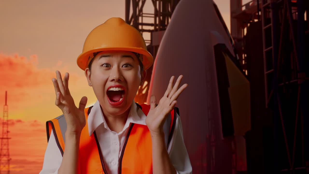 안전 헬을 입은 아시아 여성 엔지니어가 카메라를 향해 미소 짓고 와우라고 말하면서 우주왕복선과 함께 서서 해가 지는 시간