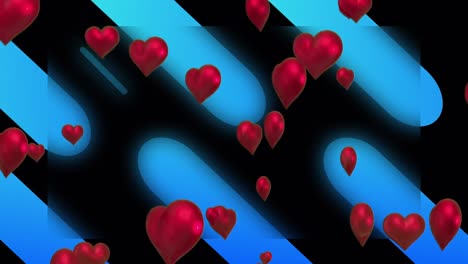 Animation-of-hearts-and-blue-shapes-over-black-background