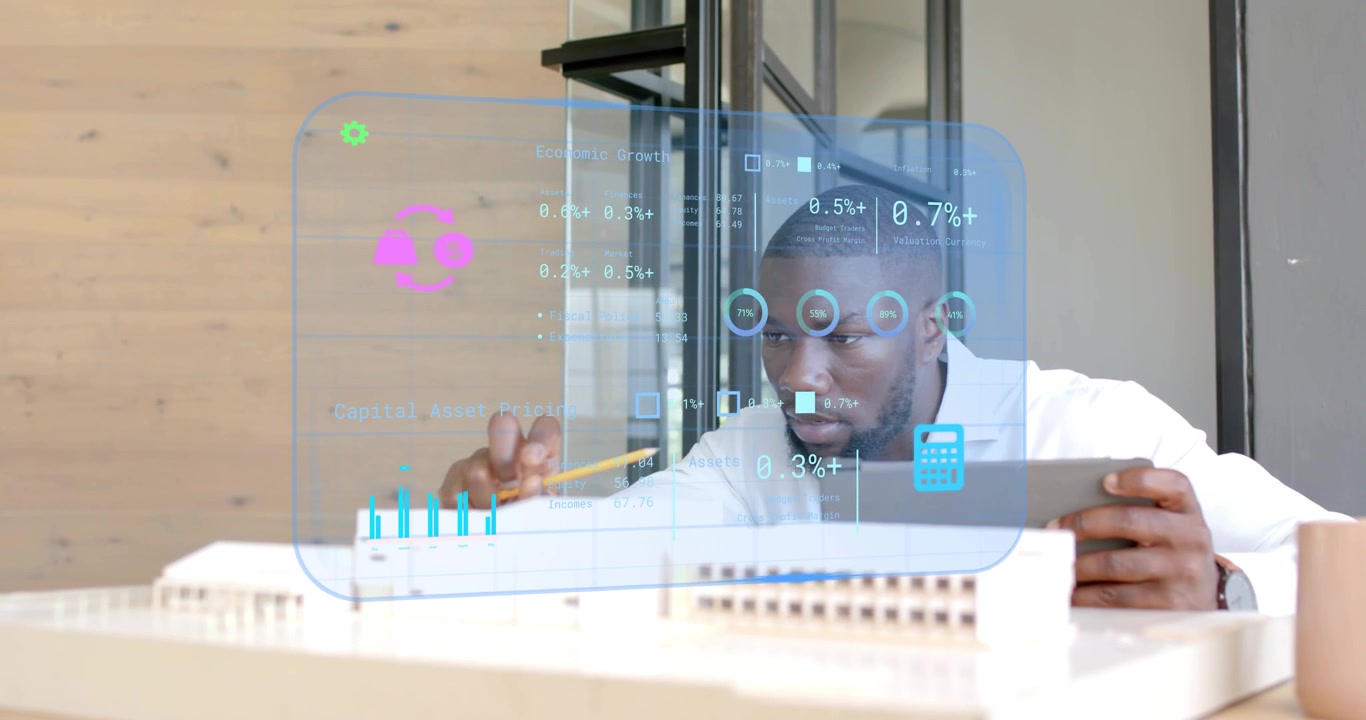 Architect tapping tablet launching AR over model, tracing edge for measurement as graphs updating