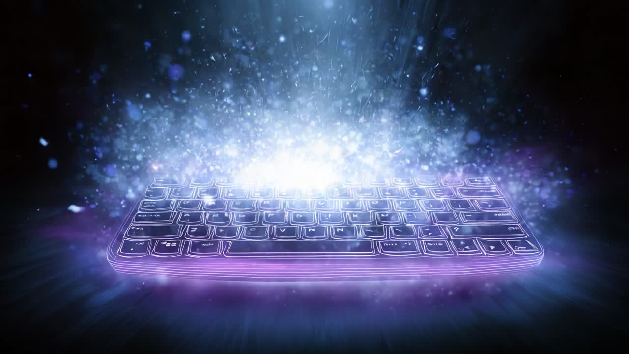 Conceptual animation of a futuristic purple and blue computer keyboard releasing a powerful burst of glowing digital particles, representing data transfer, internet speed, and coding power