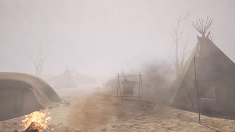 a native american village in an arid environment with traditional native huts, horses, and dust in the air, 3d animation camera zoom out