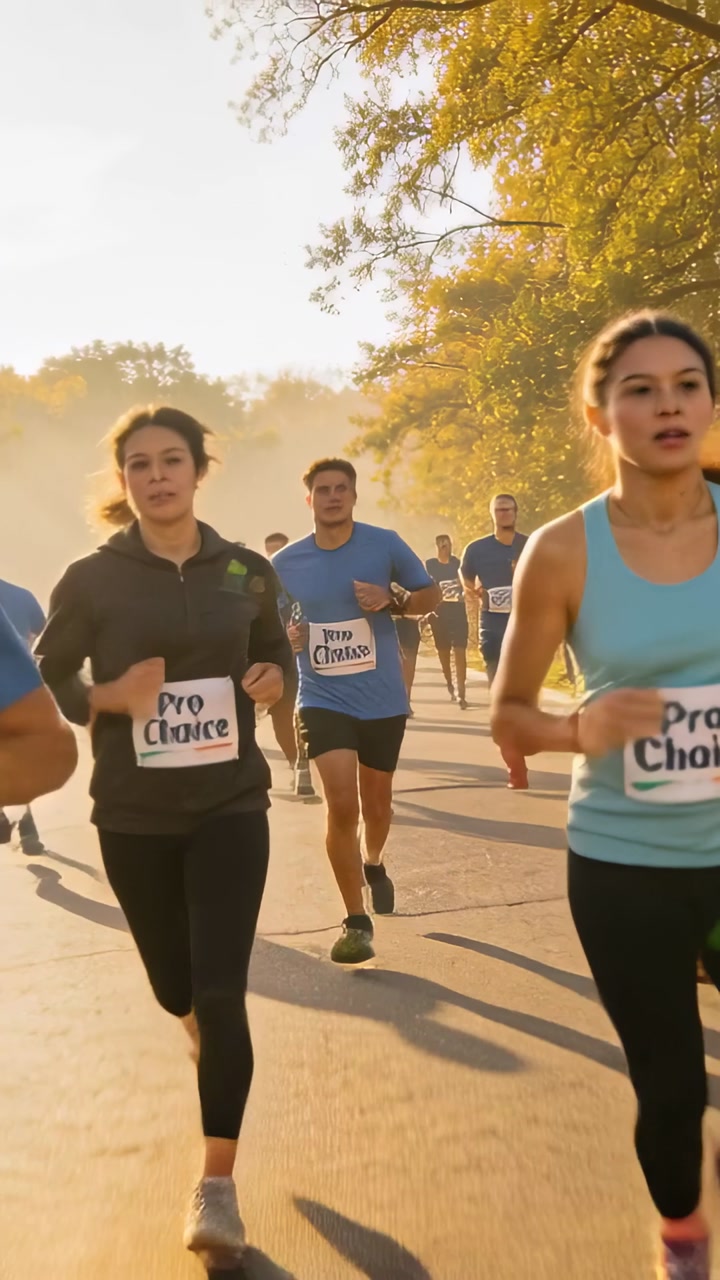 Vertical video: Running female in teal tank top competing on autumn park road, showing bibs