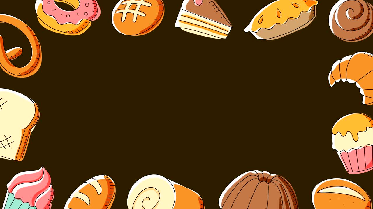 patrón de marco móvil de panadería fondo dibujos animados dibujo a mano ilustración aislada en fondo marrón animación de bucle sin costuras 4k, con espacio de copia central