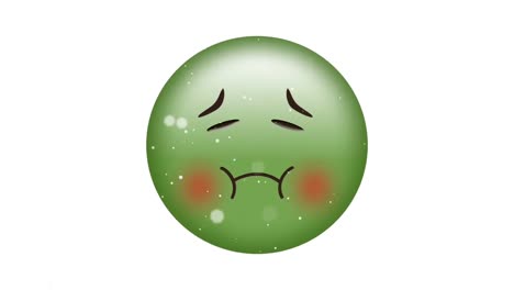 Animation-of-sick-emoji-icon-over-falling-white-spots-on-white-background