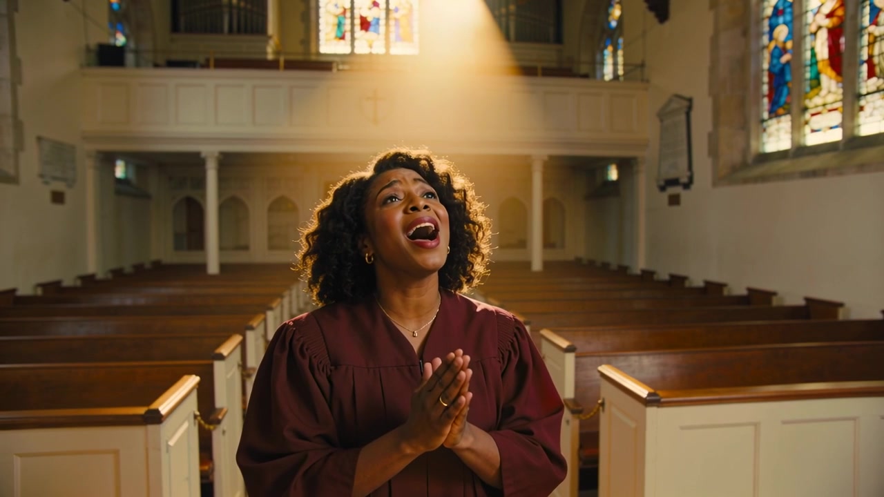Singing choir soloist in maroon robe after prayer, lifting head, projecting note in aisle