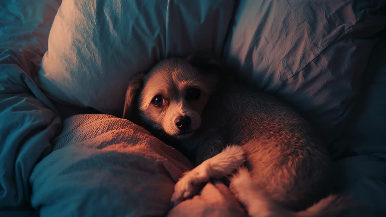 Waking small brown dog with soft morning light on blanket and pillow on bed, blinking