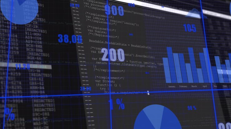 Animation of multiple graphs with changing numbers and grid over programming language on screen