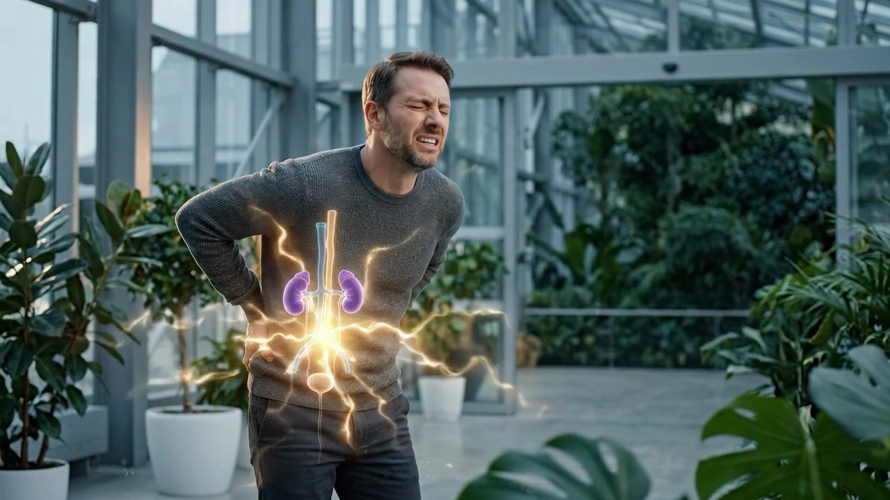 Uomo che soffre di forte dolore renale con visualizzazione anatomica