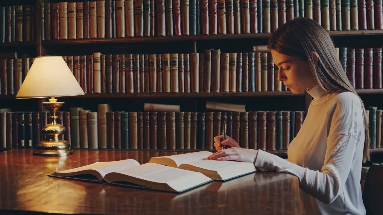 Woman Reading in a Historic Library