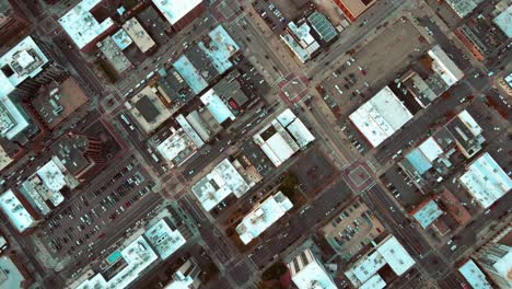 Overhead-aerial-drone-view-of-Downtown-Denver,-Colorado