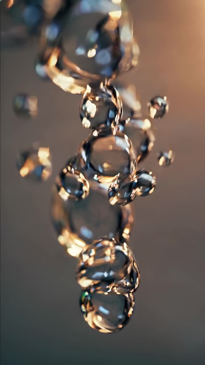 Bolle di liquido trasparente astratto che si muovono e si uniscono con riflessi di luce