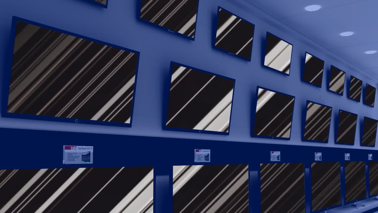 animación de filas de aparatos de televisión en la tienda con pantallas brillantes con espacio de copia