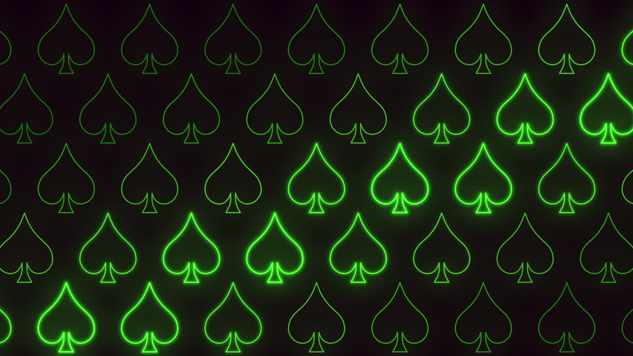 Padrão animado contínuo de ícones de naipe de espadas verdes brilhantes em um fundo escuro, ideal para conteúdo temático de cassino para introduções de pôquer, jogos de azar, jogos de cartas, sobreposições, layouts de streaming e cenários de jogos