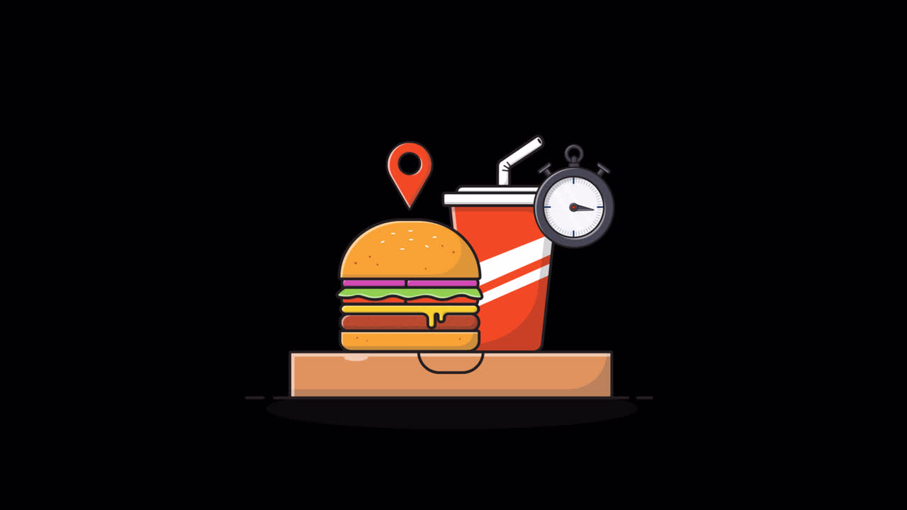 Animated Fast Food Delivery with Burger, Soda, and Location Pin