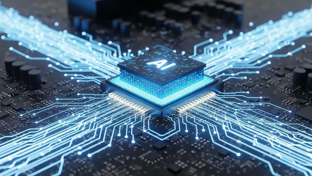 Futuristic Digital Circuit Board Featuring an AI Microchip with Radiating Blue Light Connections, Representing Advanced Technology and Innovation