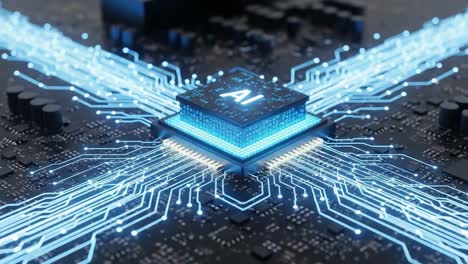 futuristic digital circuit board featuring an ai microchip with radiating blue light connections, representing advanced technology and innovation