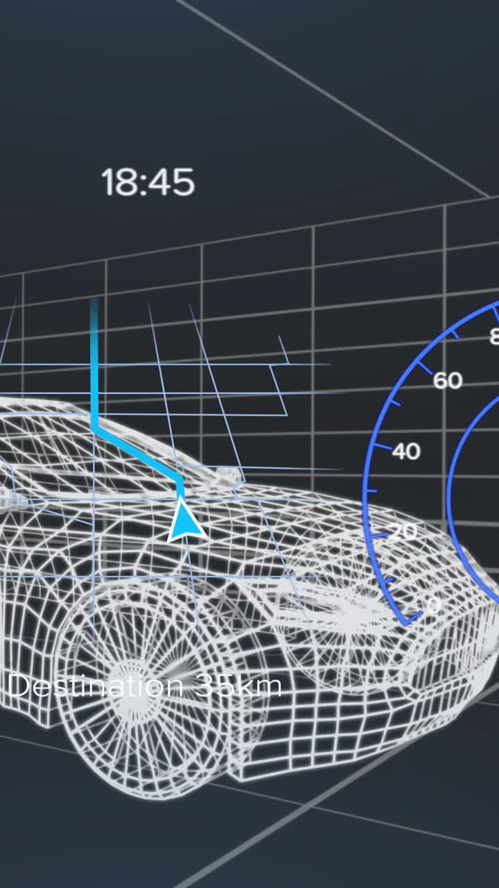 animación del velocímetro, el gps y los datos del estado de carga en la interfaz del vehículo, en un modelo de coche 3d