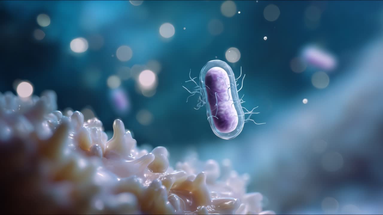 Close-Up View of a Bacterial Cell Amidst a Microscopic Environment Highlighting Cellular Structures and the Intricacies of Microbial Life in Action