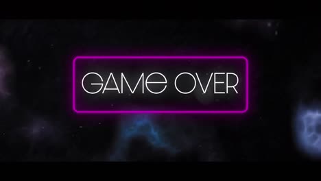 Game-over-purple-neon-rectangle-banner-against-thunder-bolt-effect-on-black-background