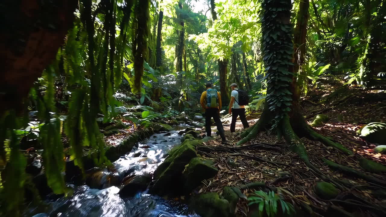 Hikers in a Lush Tropical Rainforest