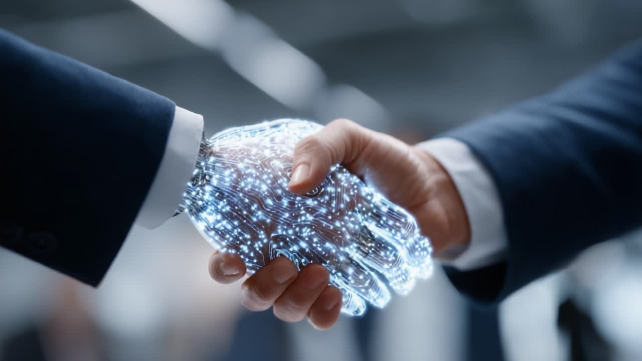 Una stretta di mano simbolica tra uomo e robot: colmare il divario tra tecnologia e umanità in una collaborazione futuristica