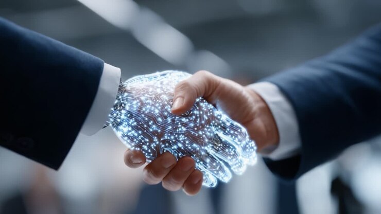 Una stretta di mano simbolica tra uomo e robot: colmare il divario tra tecnologia e umanità in una collaborazione futuristica