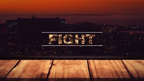 animación de texto de lucha sobre el paisaje urbano por la noche.