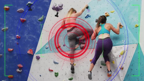 Animation-of-data-processing-over-caucasian-women-climbing-wall