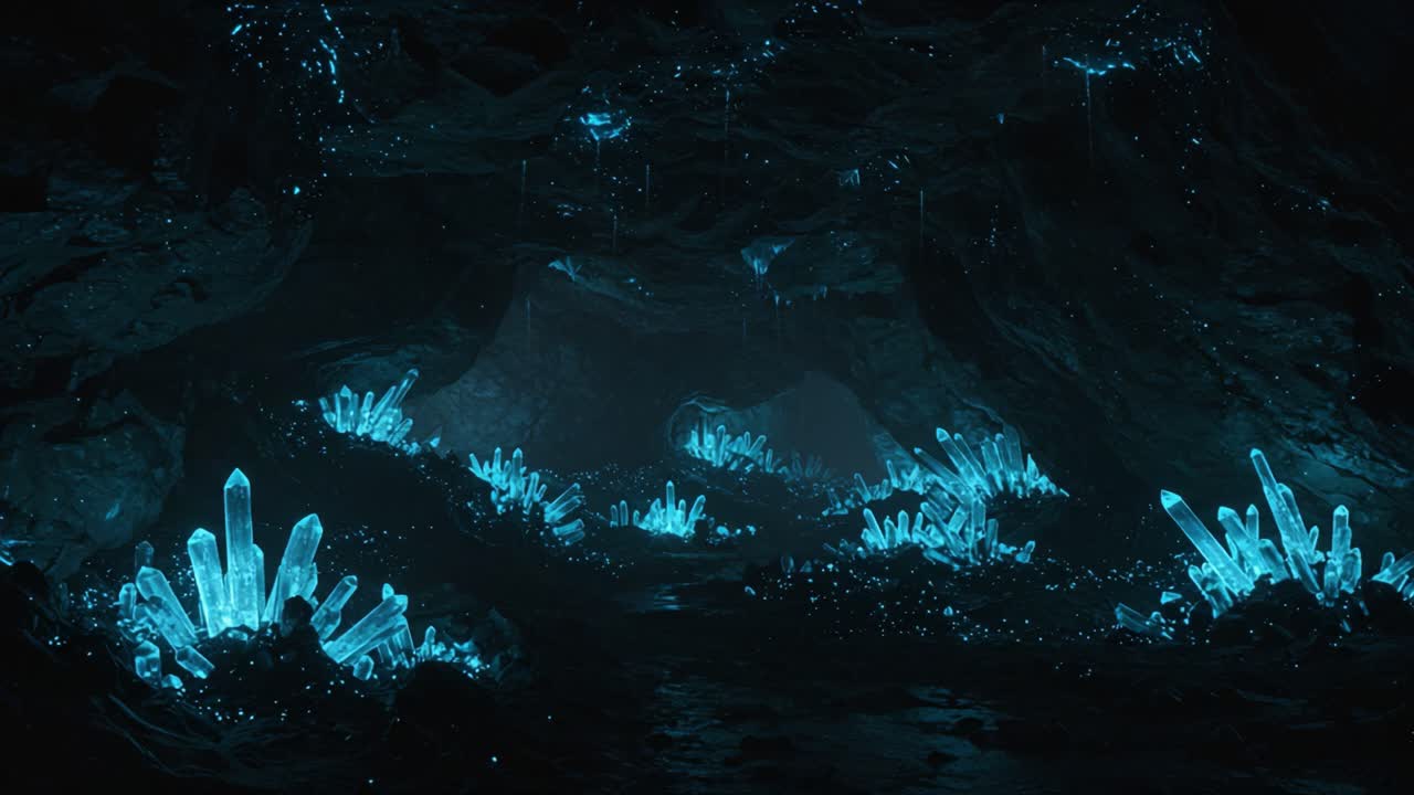 A Stunning Underworld: Explore the Enchanting Cave Filled with Luminous Blue Crystals and Glowing Rock Formations, Revealing Nature's Mesmerizing Creations