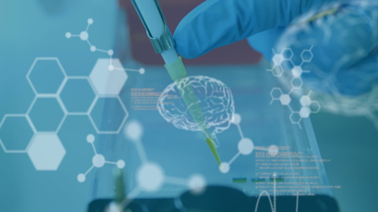 Animation of scientific data processing and human brains over scientist in laboratory