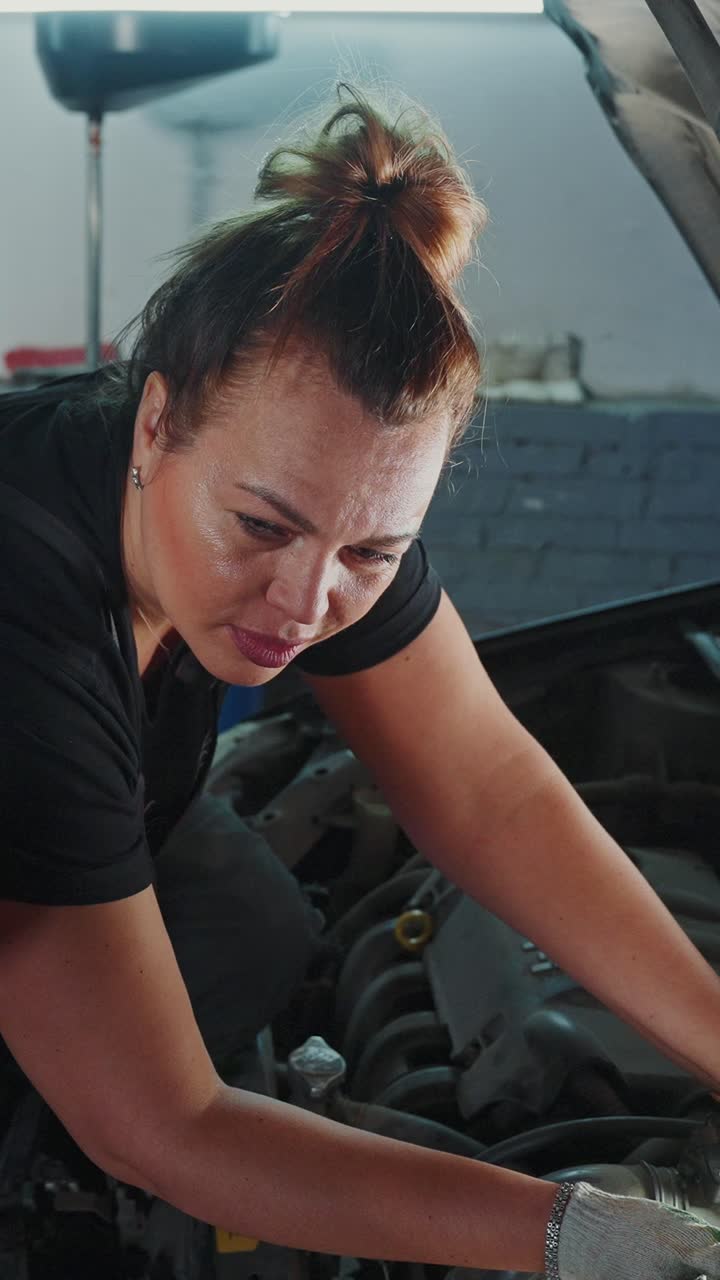 Woman Mechanic Working on a Car Engine